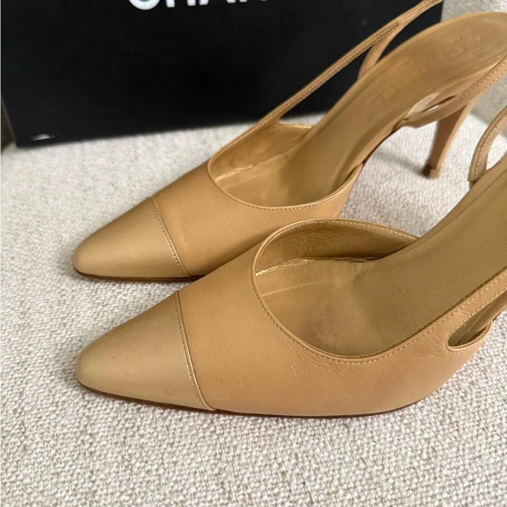 Authentic Chanel slingback pumps beige gold